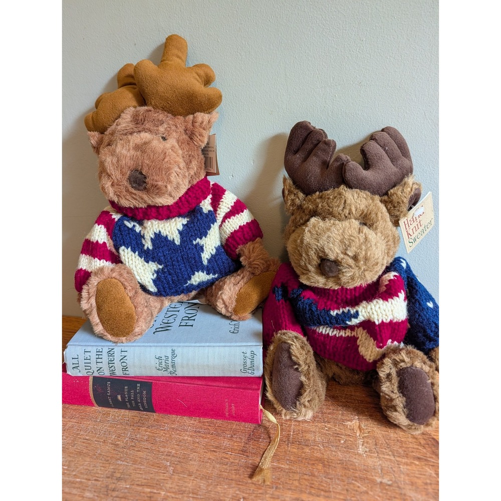 Vtg 90s Plush Moose Pair Hand Knit Sweater Holiday Americana 10 Inch MTY Int'l